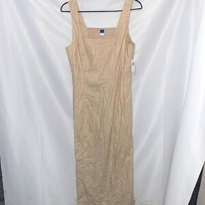 NWT Old Navy Beige wo size Medium LINEN BLEND OATMEAL MIDI DRESS SMOCK BACK